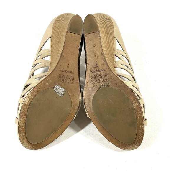 Eileen Fisher Sandals Womens 7 Beige Tan Caged Strappy Leather Wedge‎ Bohemian - Picture 10 of 11